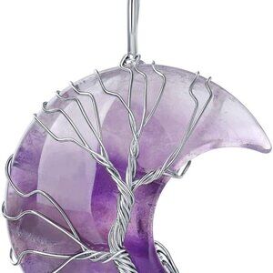 Crystal Necklace Women Crescent Moon Tree of Life Wire Wrapped Quartz Jewelry